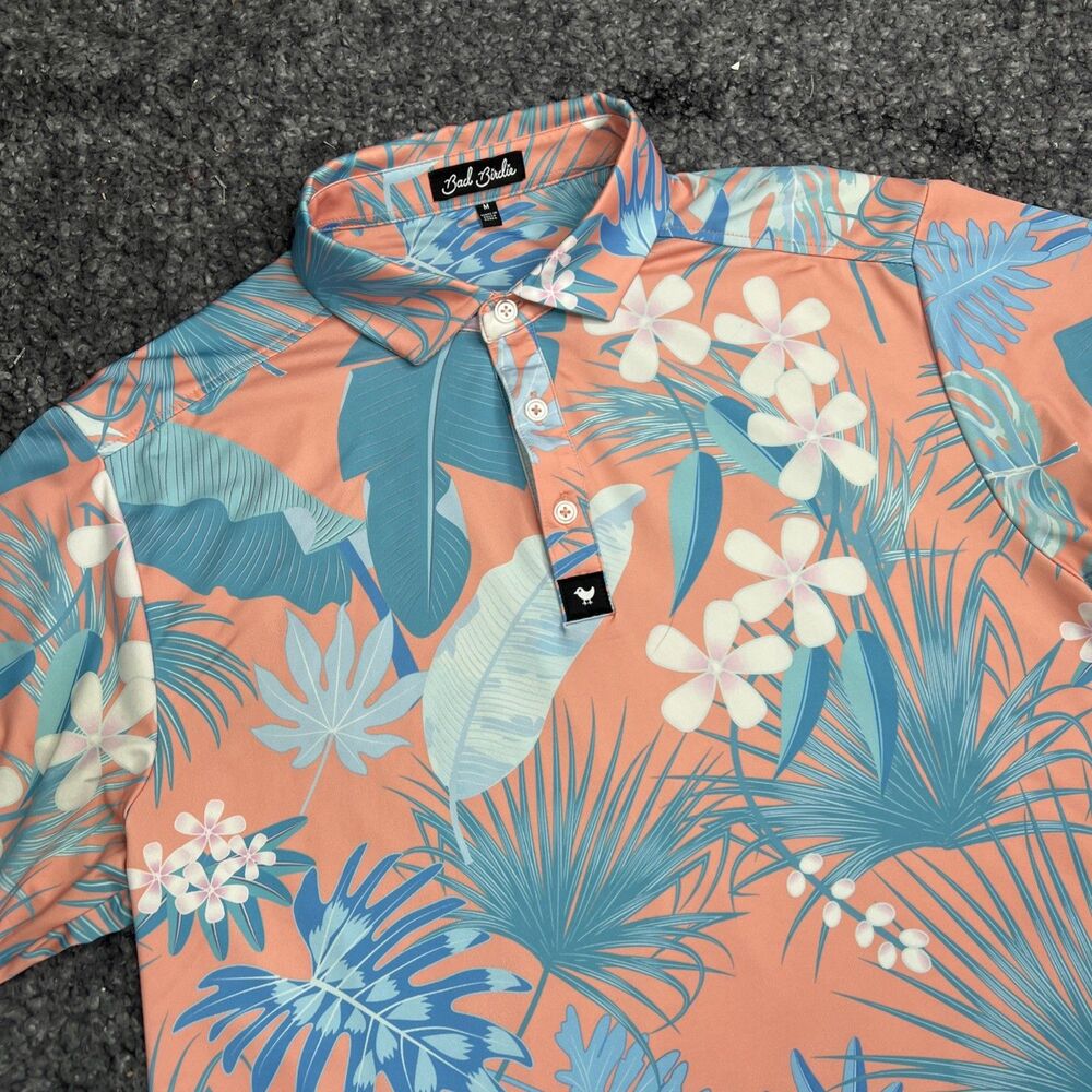 Bad Birdie Polo Shirt Mens M  Pink Blue Floral Athletic Golf EUC